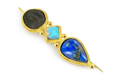 Nazanine Tassoudji Parthian coin 18ct gold brooch with lapis and turquoise