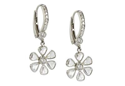 John Apel Single drop diamond daisy earrings in platinum